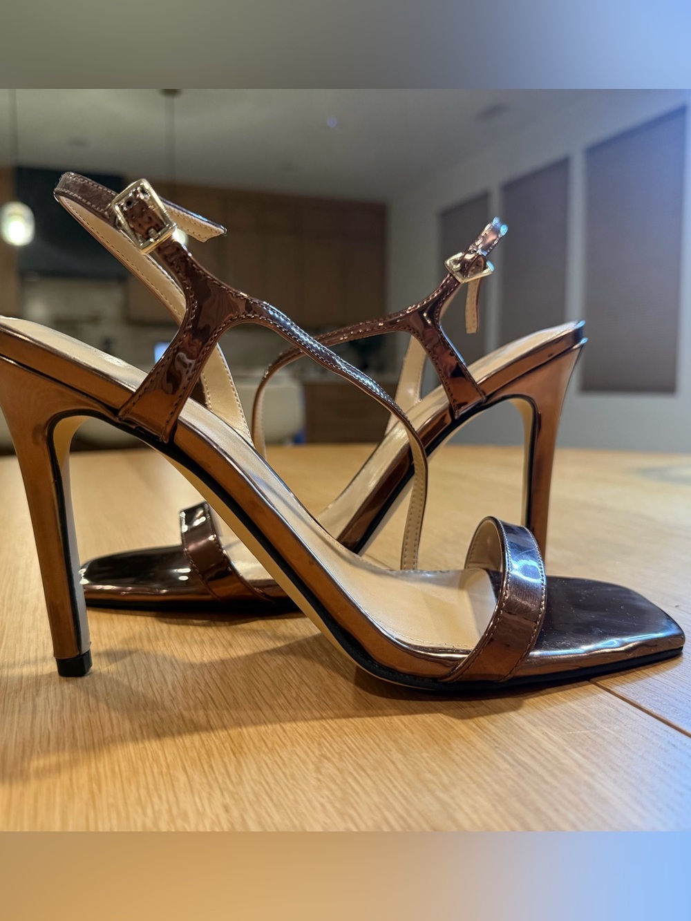 Calvin Klein Brown Patent Leather Strappy High Heel Sandals - Women